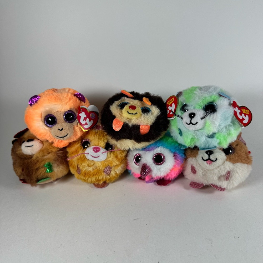 Ty Beanie Balls Plush Lot Of 7 3" Ty Puffies Monkey Bee Dog Cat Owl Reindeer